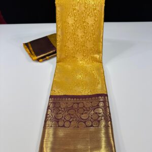 Pure Soft Silk Saree in Mustard Yellow with Maroon Zari Border
