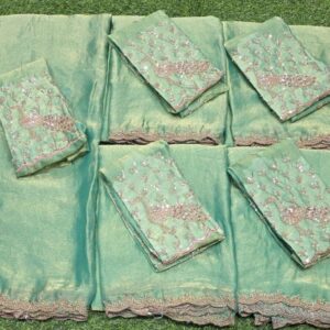 mint green colour heavy peacock hand embroidery saree with blouse