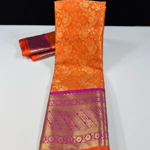Orange Pure Soft Silk Saree with Pink Zari Border